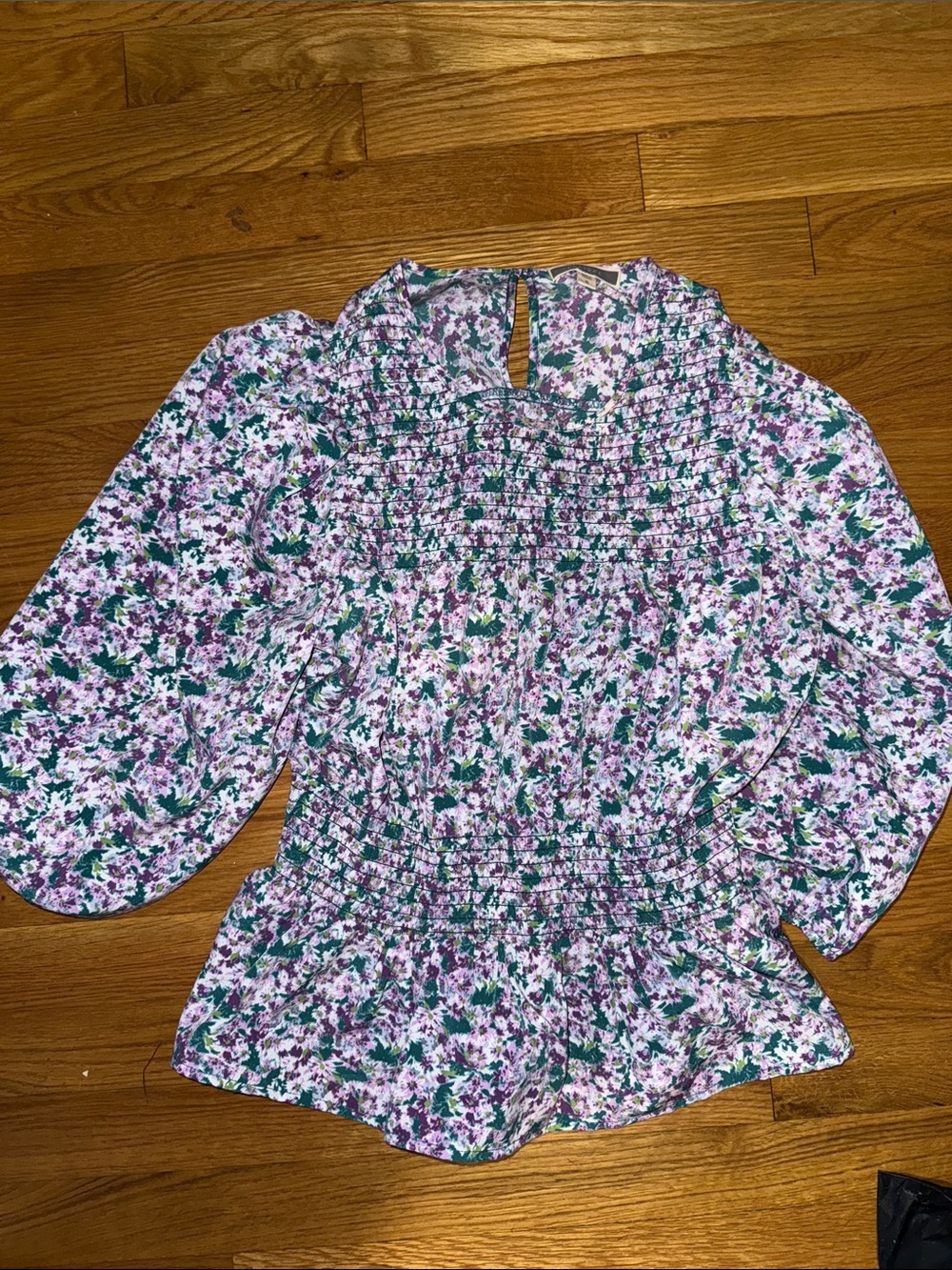 Pleione Floral Smocked Women’s Top in Lavender and Green- small